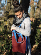 Handmade Bordeaux and cyan Fustian, Tote bag with pocket