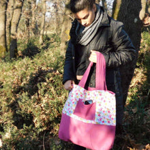 Handmade floral and hot pink, Tote bag with pockets