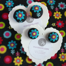Black, Floral, Fabric Button, Stud Earrings, 2 pairs