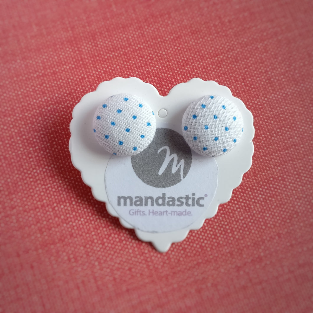 Blue on White, Polka-dots, Fabric Button, Stud Earrings