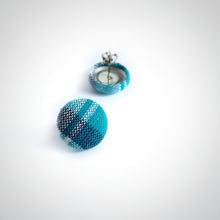 Blue and White, Plaid, Gingham check, Fabric Button, Stud Earrings, Butterfly safety backs