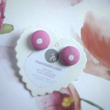 White on Pink, Polka-dots, Fabric Button, Stud Earrings, Small pair