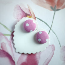 White on Pink, Polka-dots, Fabric Button, Stud Earrings, Large pair
