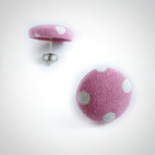 White on Pink, Polka-dots, Fabric Button, Stud Earrings, Butterfly safety backs