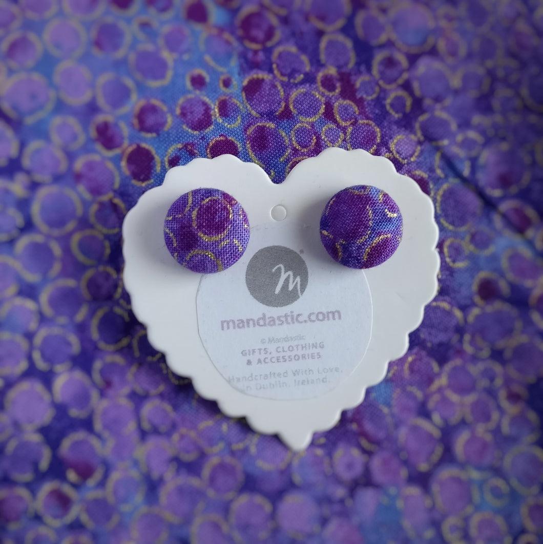 Purple and Gold, Metallic circles themed, Fabric Button, Stud Earrings, Small pair