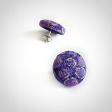 Purple and Gold, Metallic circles themed, Fabric Button, Stud Earrings, Butterfly safety backs