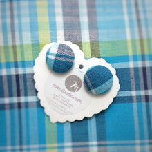 Blue and White, Plaid, Gingham check, Fabric Button, Stud Earrings, Large pair