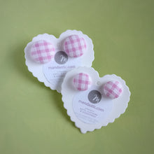 Pink and White, Plaid, Gingham check, Fabric Button, Stud Earrings, 2 pairs