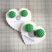 White on Green, Polka-dots, Fabric Button, Stud Earrings, 2 pairs
