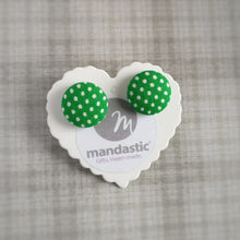 White on Green, Polka-dots, Fabric Button, Stud Earrings, Large pair