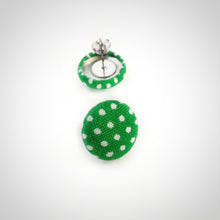 White on Green, Polka-dots, Fabric Button, Stud Earrings, Butterfly safety backs