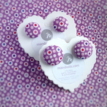 Colourful dots on Purple, Polka-dot, Fabric Button, Stud Earrings, 2 pairs