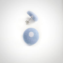 White on Blue, Polka-dots, Fabric Button, Stud Earrings, Butterfly safety backs, Baby-blue