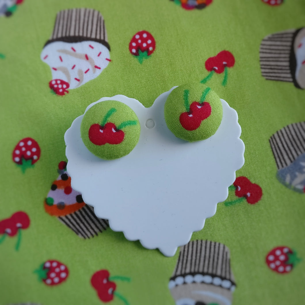 Cherries, Fabric Button, Stud Earrings