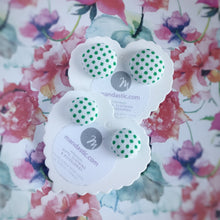 Green on White, Polka-dots, Fabric Button, Stud Earrings, 2 pairs