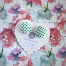 Green on White, Polka-dots, Fabric Button, Stud Earrings, Large pair