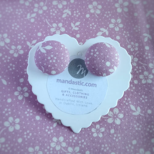 Pink, Floral, Polka-dots, Fabric Button, Stud Earrings