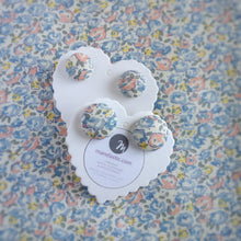 Blue,Salmon-Pink and Yellow, Floral, Fabric Button, Stud Earrings, 2 pairs