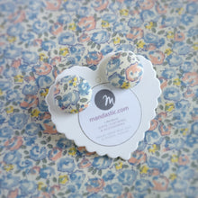 Blue,Salmon-Pink and Yellow, Floral, Fabric Button, Stud Earrings, Large pair