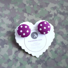 White on Purple, Polka-dots, Fabric Button, Stud Earrings, Large pair