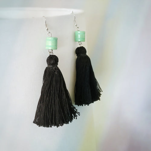 Black Tassels, Green Beads, Dangle Earrings