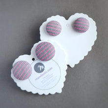 Gray and Pink, Striped, Fabric Button, Stud Earrings, 2 pairs