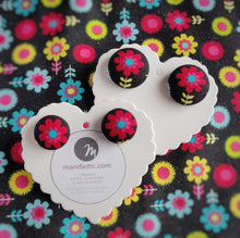Black and Red, Floral, Fabric Button, Stud Earrings, 2 pairs