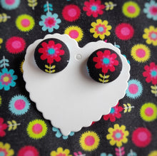 Black and Red, Floral, Fabric Button, Stud Earrings, Large pair
