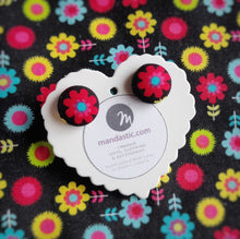 Black and Red, Floral, Fabric Button, Stud Earrings, Small pair