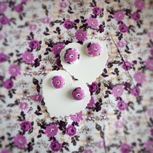 White and Purple, Floral, Fabric Button, Stud Earrings, 2 pairs, Purple Peony