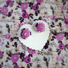 White and Purple, Floral, Fabric Button, Stud Earrings, Large pair, Purple Peony