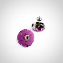 White and Purple, Floral, Fabric Button, Stud Earrings, Butterfly safety backs, Purple Peony