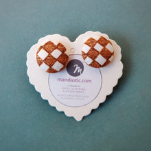 Brown and White, Plaid, Gingham check, Fabric Button, Stud Earrings, Large pair