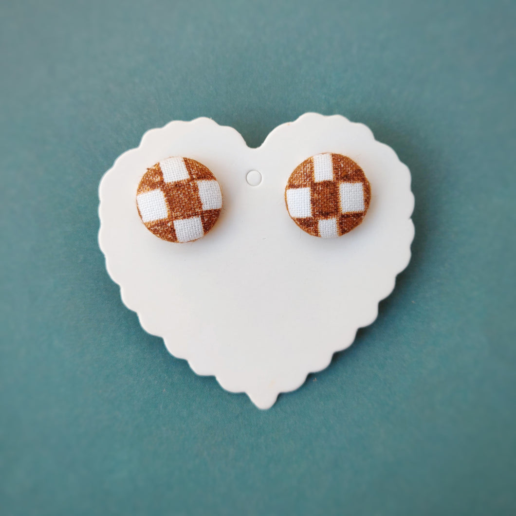 Brown and White, Plaid, Gingham check, Fabric Button, Stud Earrings, Small pair