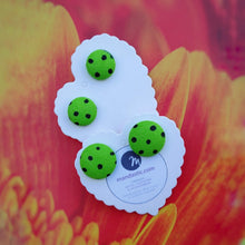 Black on Green, Polka-dots, Fabric Button, Stud Earrings, 2 pairs