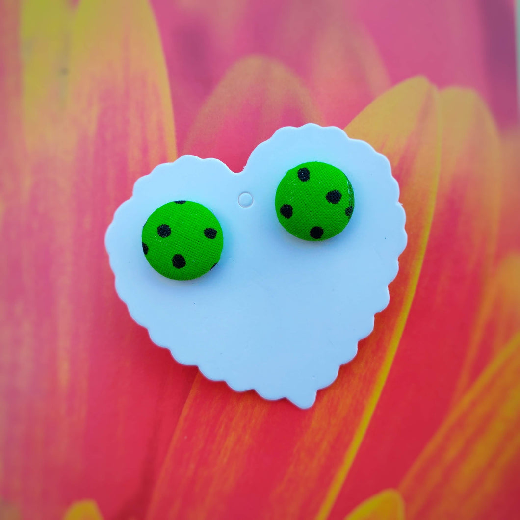 Black on Green, Polka-dots, Fabric Button, Stud Earrings, Small pair
