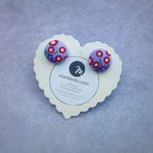 Purple and Red, Floral, Fabric Button, Stud Earrings, Small pair, Dianthus