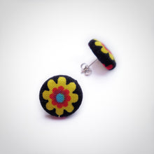 Black and Yellow, Floral, Fabric Button, Stud Earrings, Butterfly safety backs