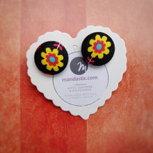 Black and Yellow, Floral, Fabric Button, Stud Earrings, Large pair