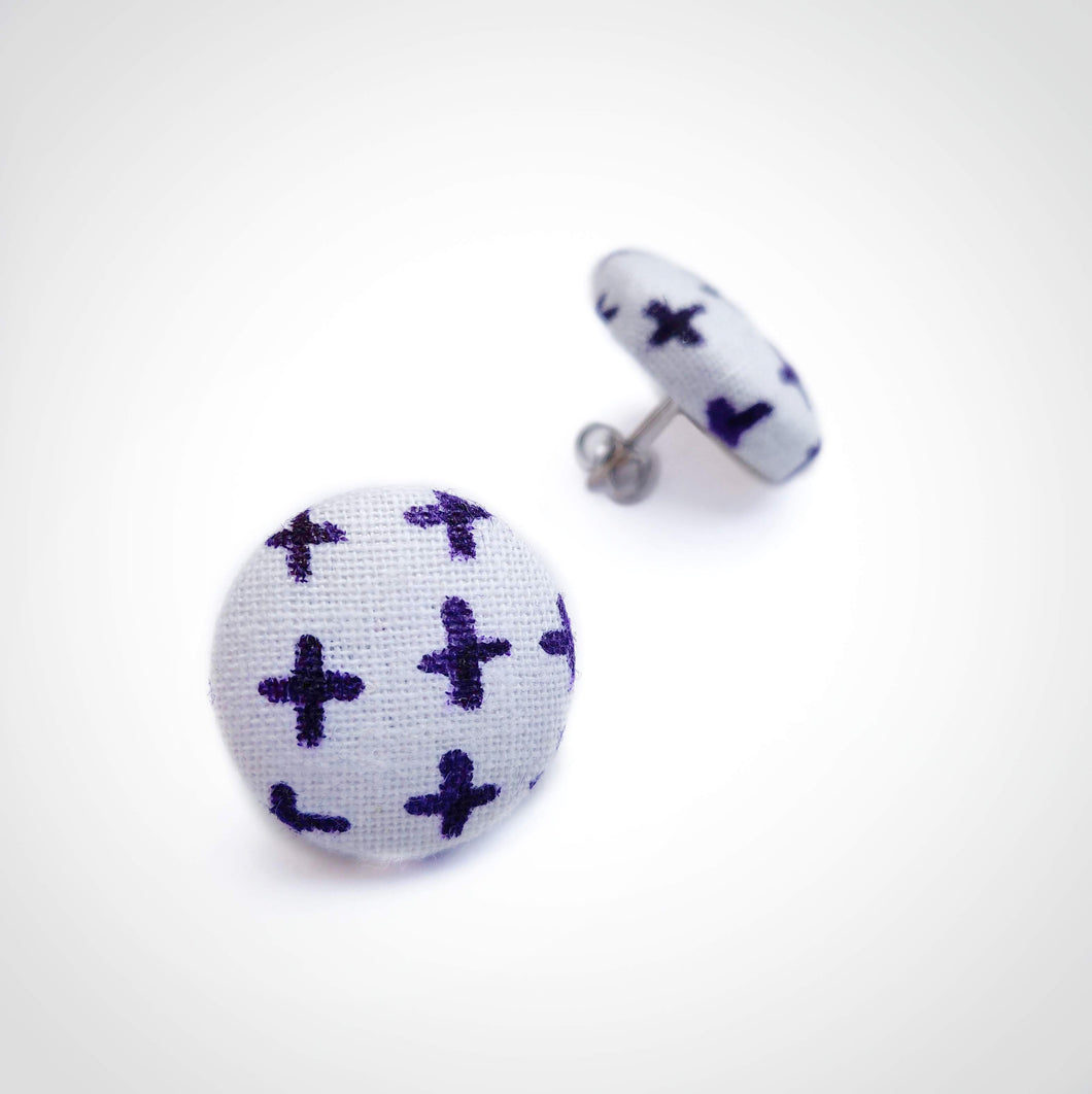 Purple on White, Cross, Fabric Button, Stud Earrings, Butterfly safety backs