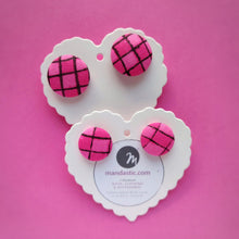 Pink and Black, Plaid, Gingham check, Fabric Button, Stud Earrings, 2 pairs
