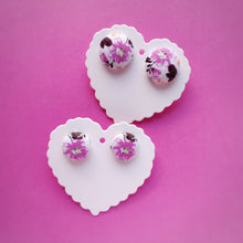 White and Purple, Floral, Fabric Button, Stud Earrings, 2 pairs, Purple Hibiscus