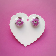 White and Purple, Floral, Fabric Button, Stud Earrings, Small pair, Purple Hibiscus