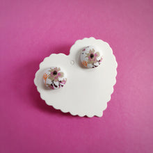 White and Purple, Floral, Fabric Button, Stud Earrings, Small pair, Beige Gardenia