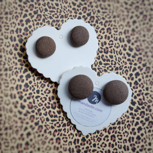 Brown, Textured, Fabric Button, Stud Earrings, 2 pairs