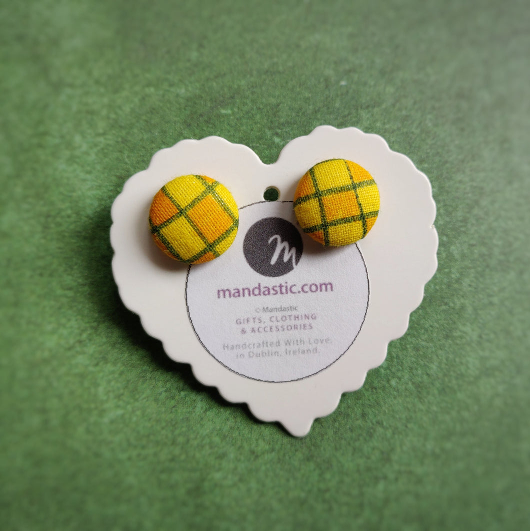 Yellow, Orange and Green, Plaid, Gingham check, Fabric Button, Stud Earrings, Small pair