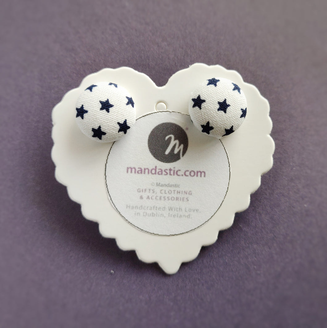 Blue on White, Stars, Fabric Button, Stud Earrings, Small pair