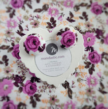 White and Purple, Floral, Fabric Button, Stud Earrings, Large pair, Purple Rose
