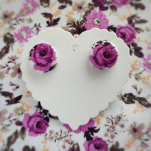 White and Purple, Floral, Fabric Button, Stud Earrings, Small pair, Purple Rose