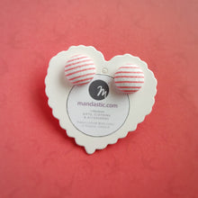 Red and White, Stripes, Fabric Button, Stud Earrings